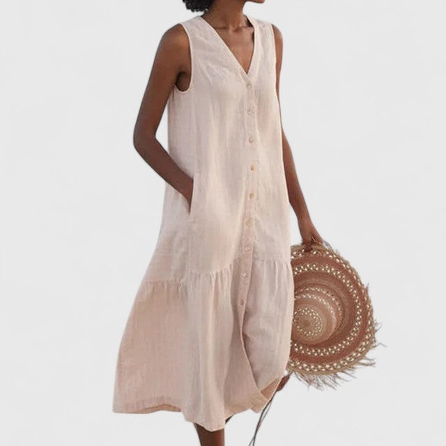 Juliette | Women's Linen Button-Front Summer Midi Dress