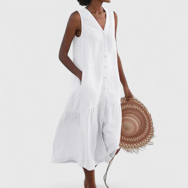 Juliette | Women's Linen Button-Front Summer Midi Dress