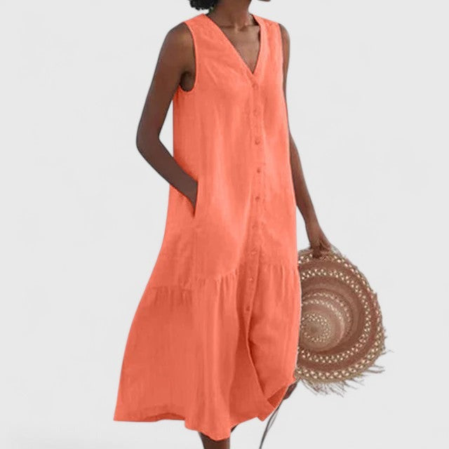 Juliette | Women's Linen Button-Front Summer Midi Dress