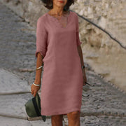 Noor | Women's V Neck Midi Dress with Sleeves