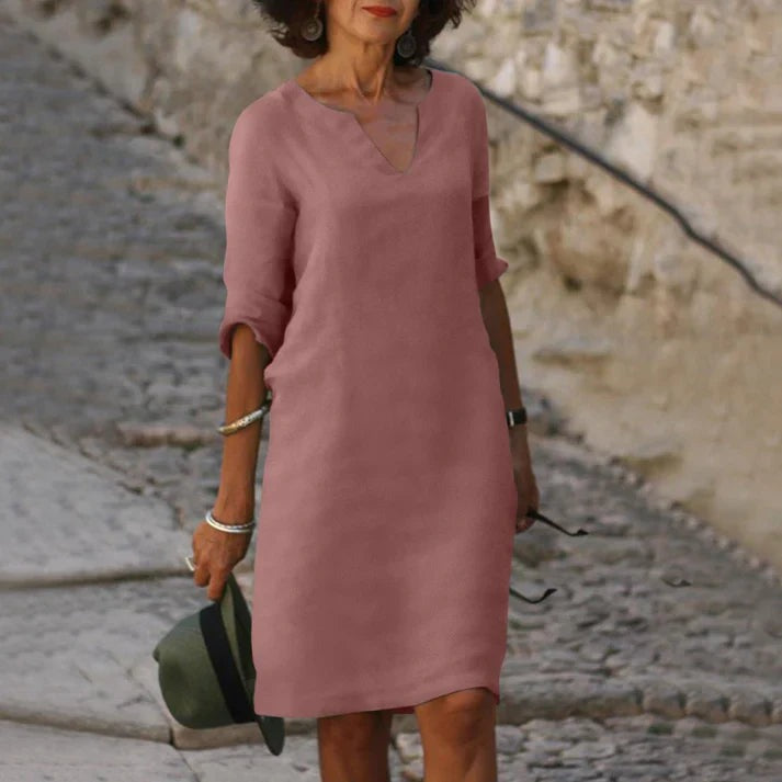 Noor | Women's V Neck Midi Dress with Sleeves