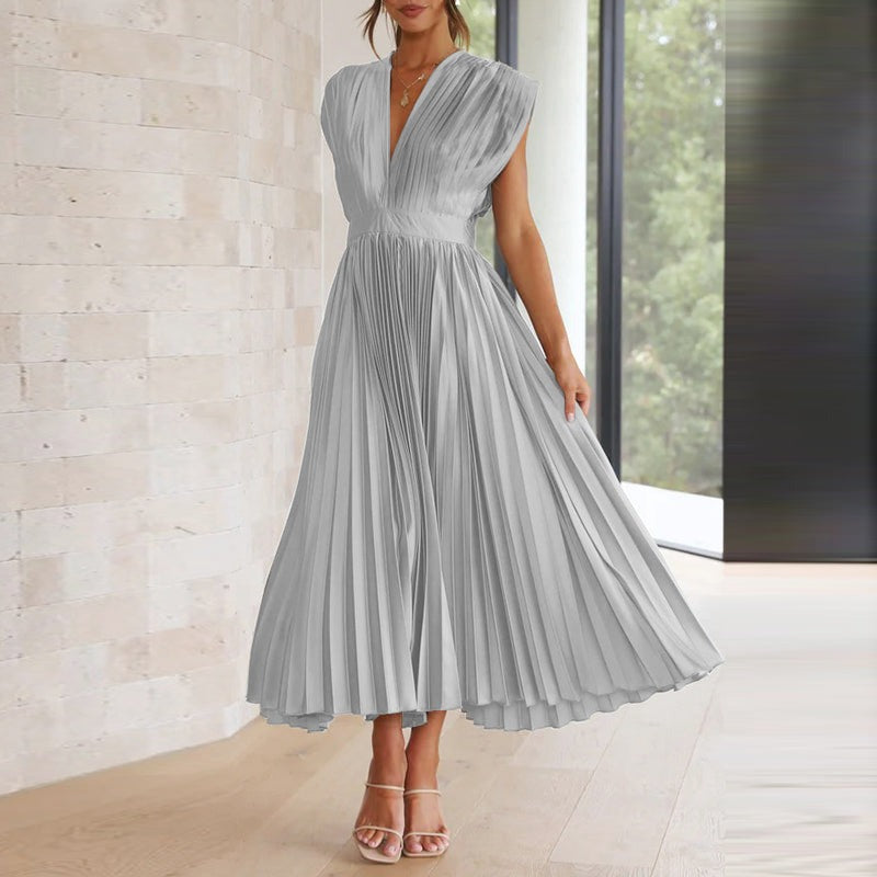 Paulina | Women's Pleated V Neck Maxi Dress Sleeveless