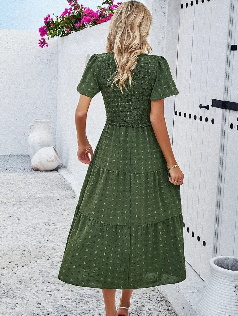 Pauline | Women's Smocked Tiered V Neck Midi Dress