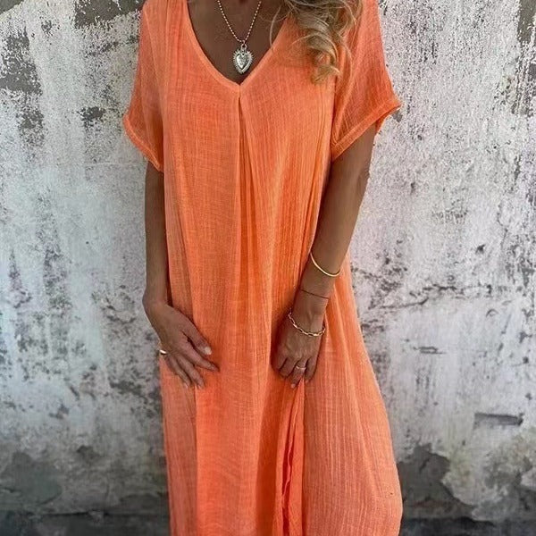 Vesna | Women's V Neck Maxi Dress with Short Sleeves