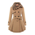 Women's Double Breasted Wool Blend Winter Coat Fur Collar Skater Flare Hem Tie Waist Jacket