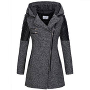 Mathilde | Women's Hooded Padded Jacket Asymmetric Zip Faux Leather Quilted Sleeves Mid Length