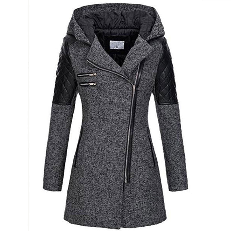 Mathilde | Women's Hooded Padded Jacket Asymmetric Zip Faux Leather Quilted Sleeves Mid Length