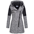 Women's Hooded Padded Jacket Asymmetric Zip Faux Leather Quilted Sleeves Mid Length