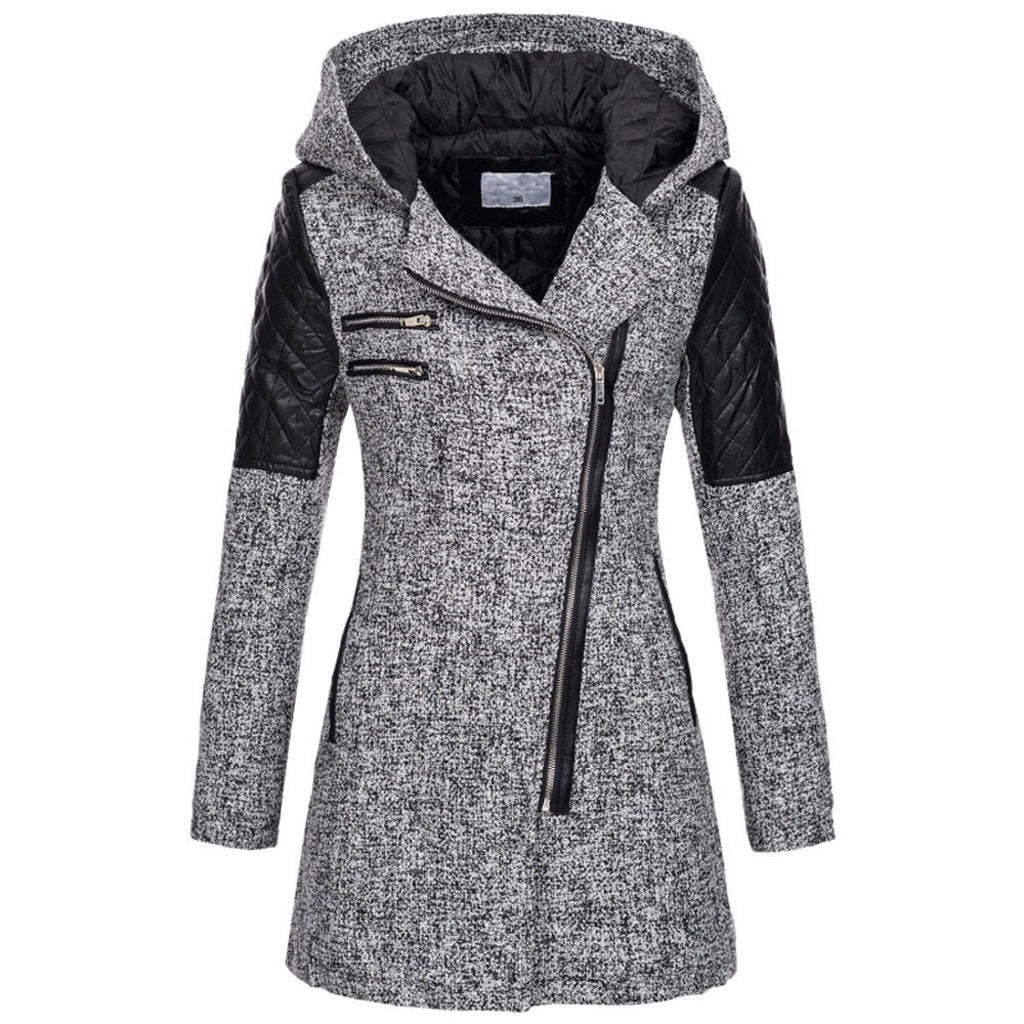 Mathilde | Women's Hooded Padded Jacket Asymmetric Zip Faux Leather Quilted Sleeves Mid Length