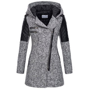 Mathilde | Women's Hooded Padded Jacket Asymmetric Zip Faux Leather Quilted Sleeves Mid Length