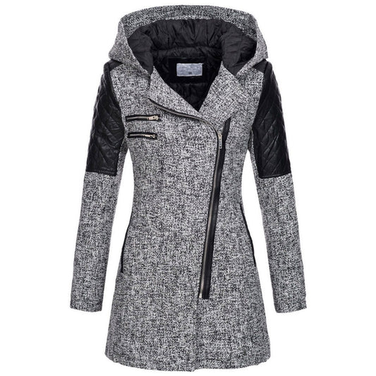 Mathilde | Women's Hooded Padded Jacket Asymmetric Zip Faux Leather Quilted Sleeves Mid Length