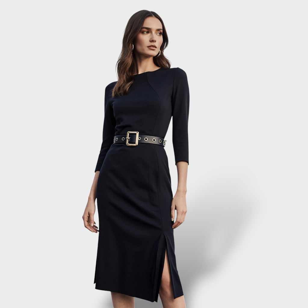 VICTORIA NAVY BELTED PENCIL MIDI DRESS