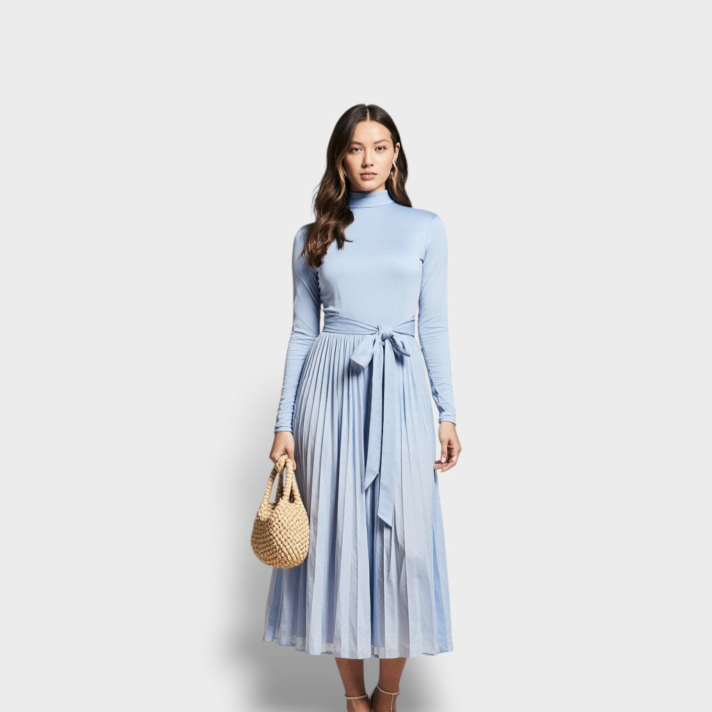 CLAIRE SKY BLUE TURTLENECK PLEATED MIDI DRESS