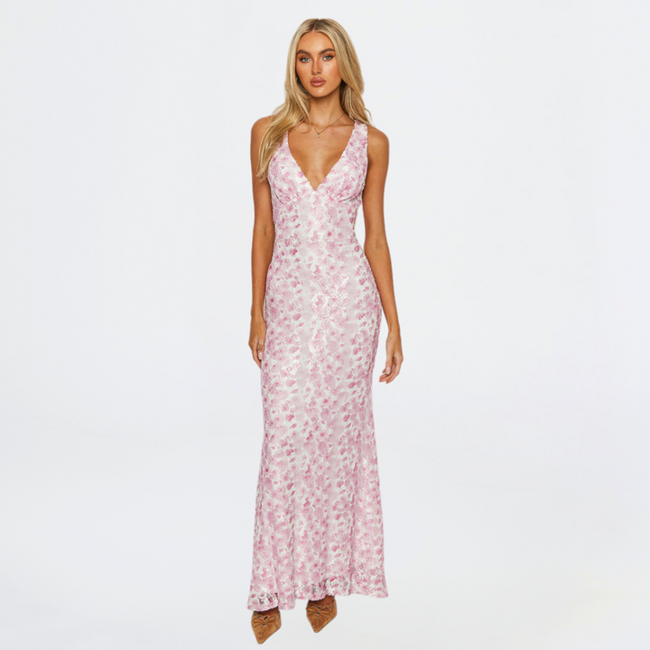 Flora | V-Neck Floral Lace Bodycon Maxi Dress