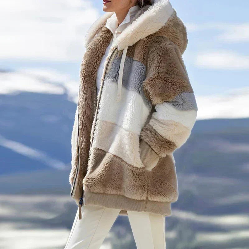 Kirsi | Women's Colour Block Teddy Fleece Hooded Jacket
