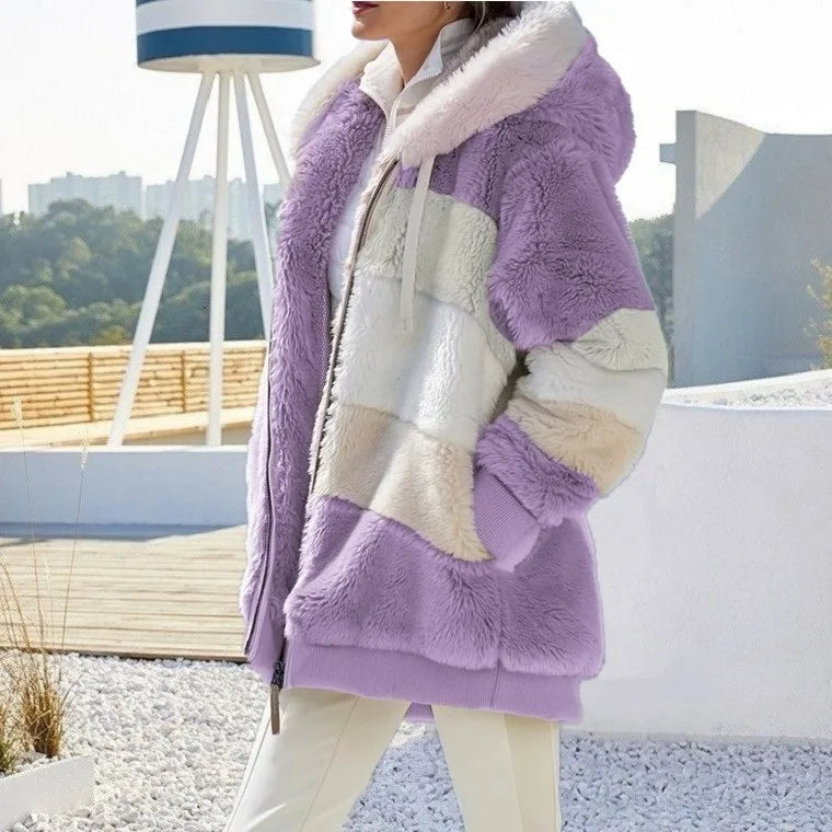 Kirsi | Women's Colour Block Teddy Fleece Hooded Jacket
